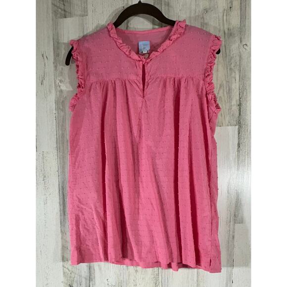 bella bliss Tops - Bella Bliss Womens Top Size Large Pink‎ Swiss Dot Ruffled Neck Sleeve Semi-sheer